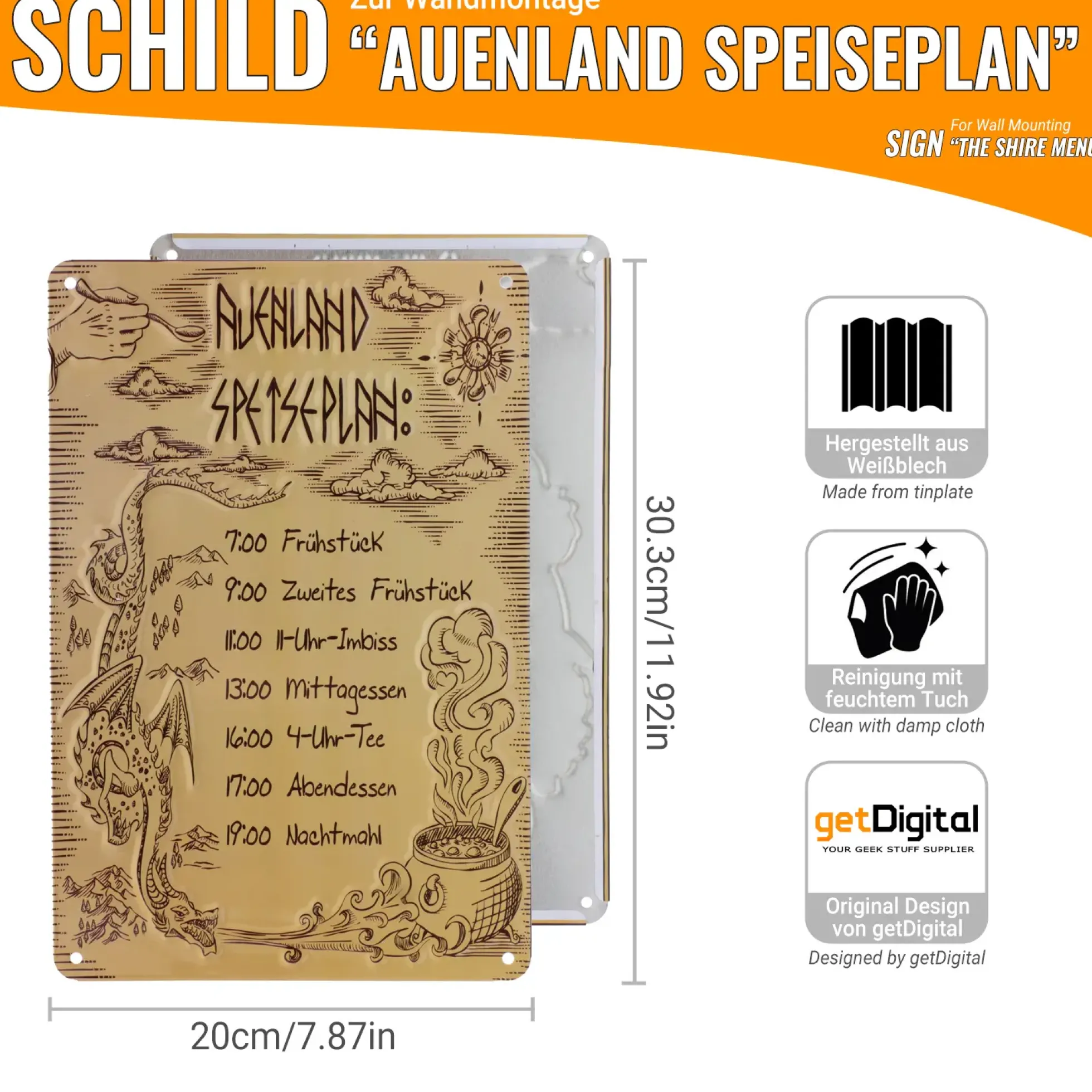 Blechschild Auenland Speiseplan: sieben Mahlzeiten am Tag