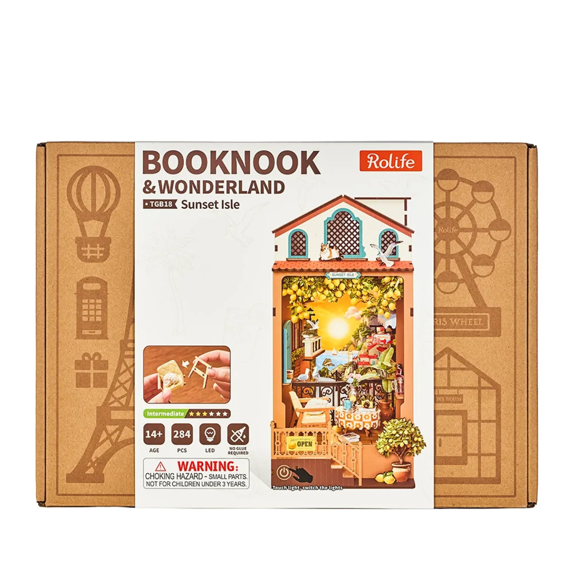Book Nook Sunset Isle, Bausatz mit Küstenstadt und zwei Lichtstimmungen