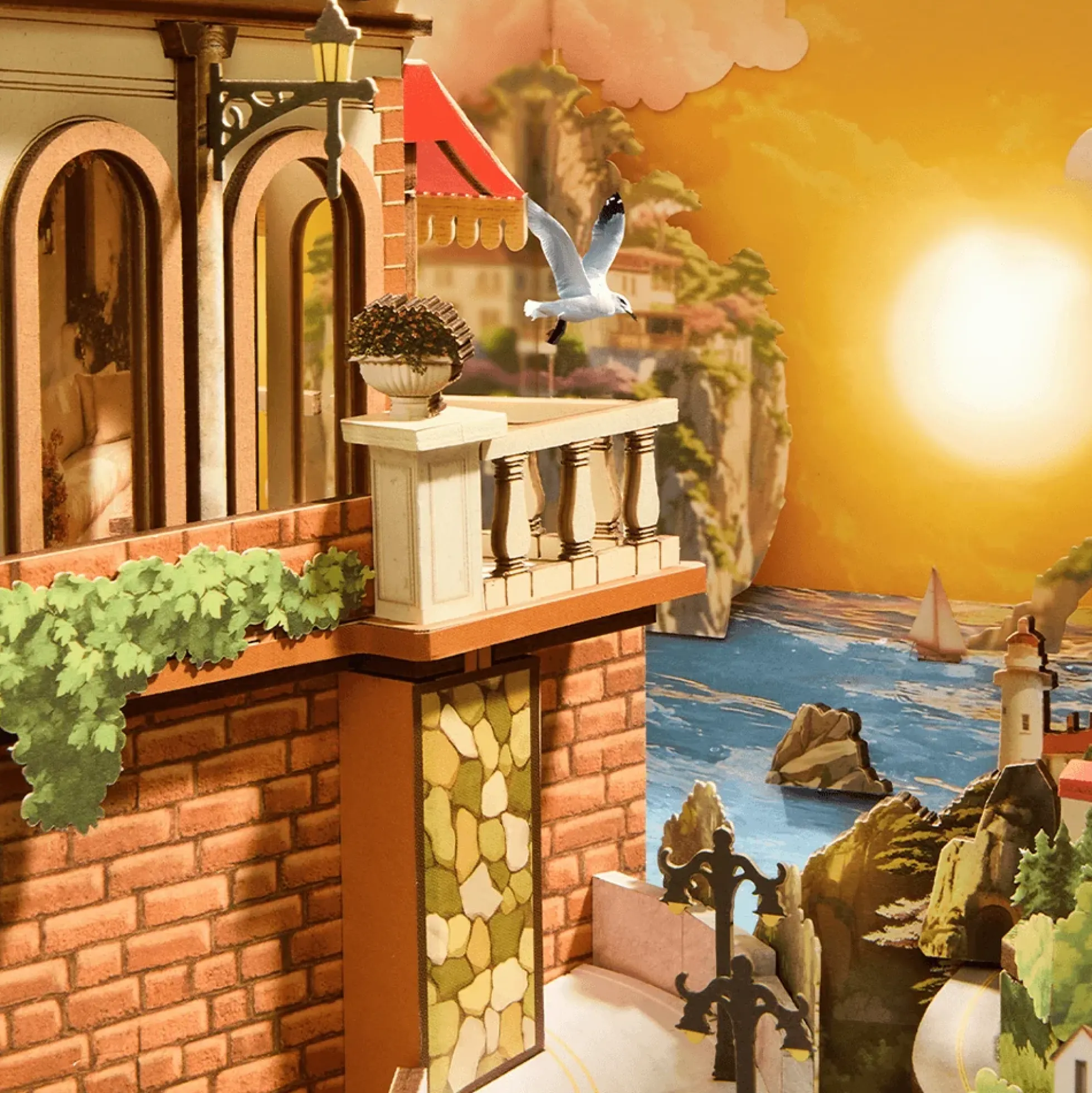 Book Nook Sunset Isle, Bausatz mit Küstenstadt und zwei Lichtstimmungen