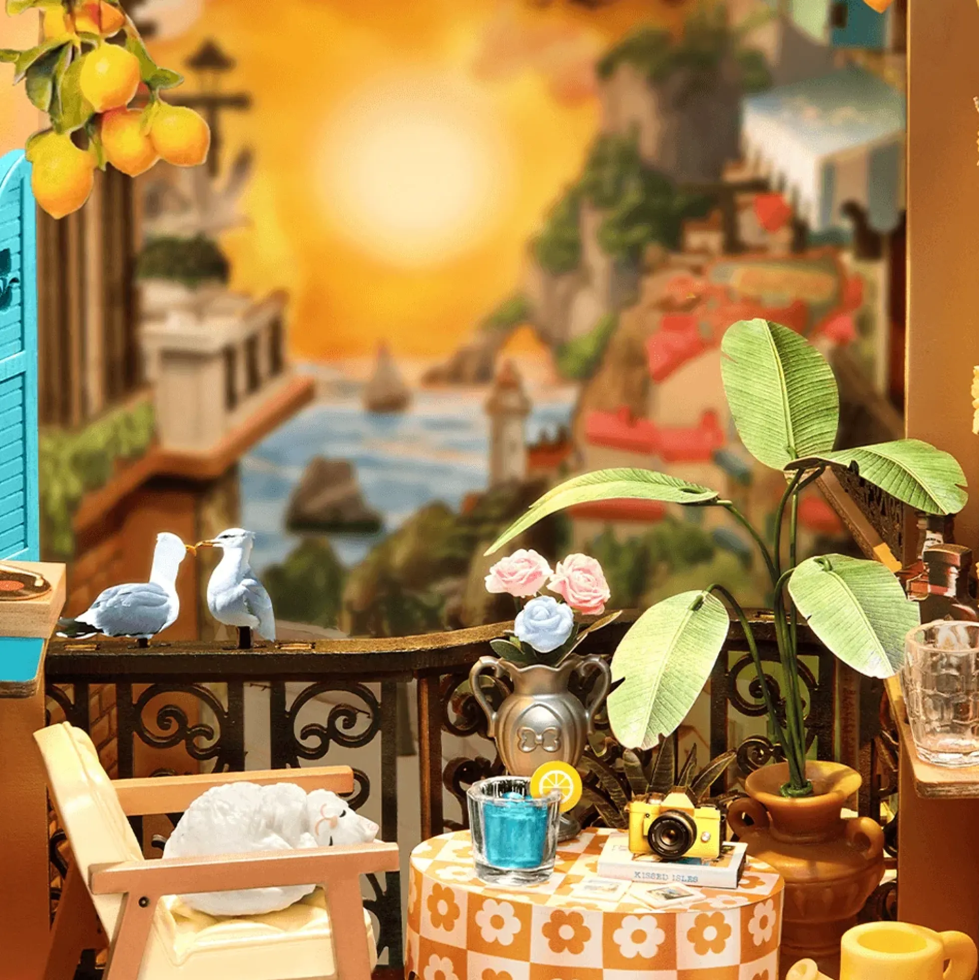 Book Nook Sunset Isle, Bausatz mit Küstenstadt und zwei Lichtstimmungen