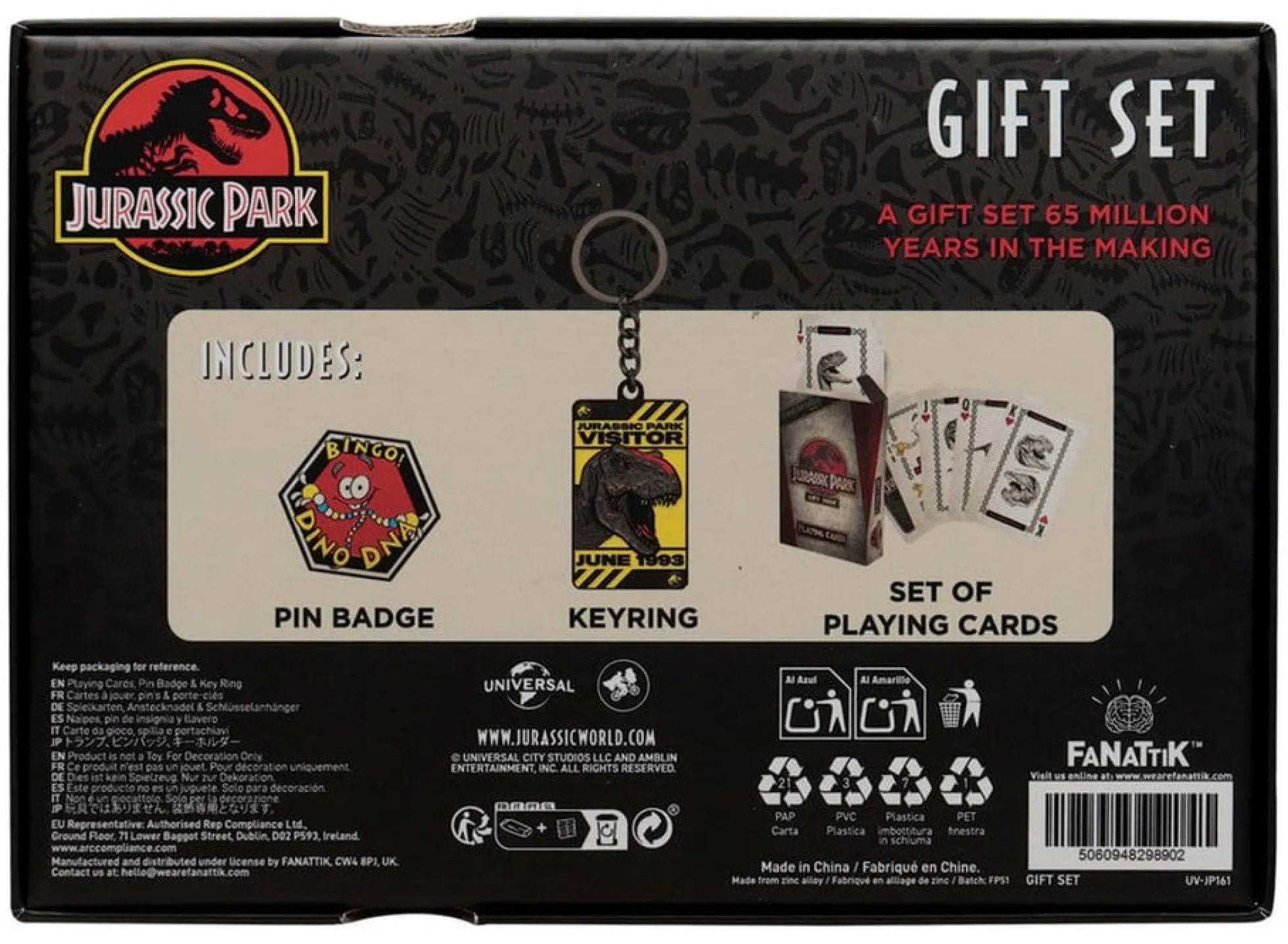 Jurassic Park Geschenkbox mit Kartenspiel, Pin und Schlüsselanhänger