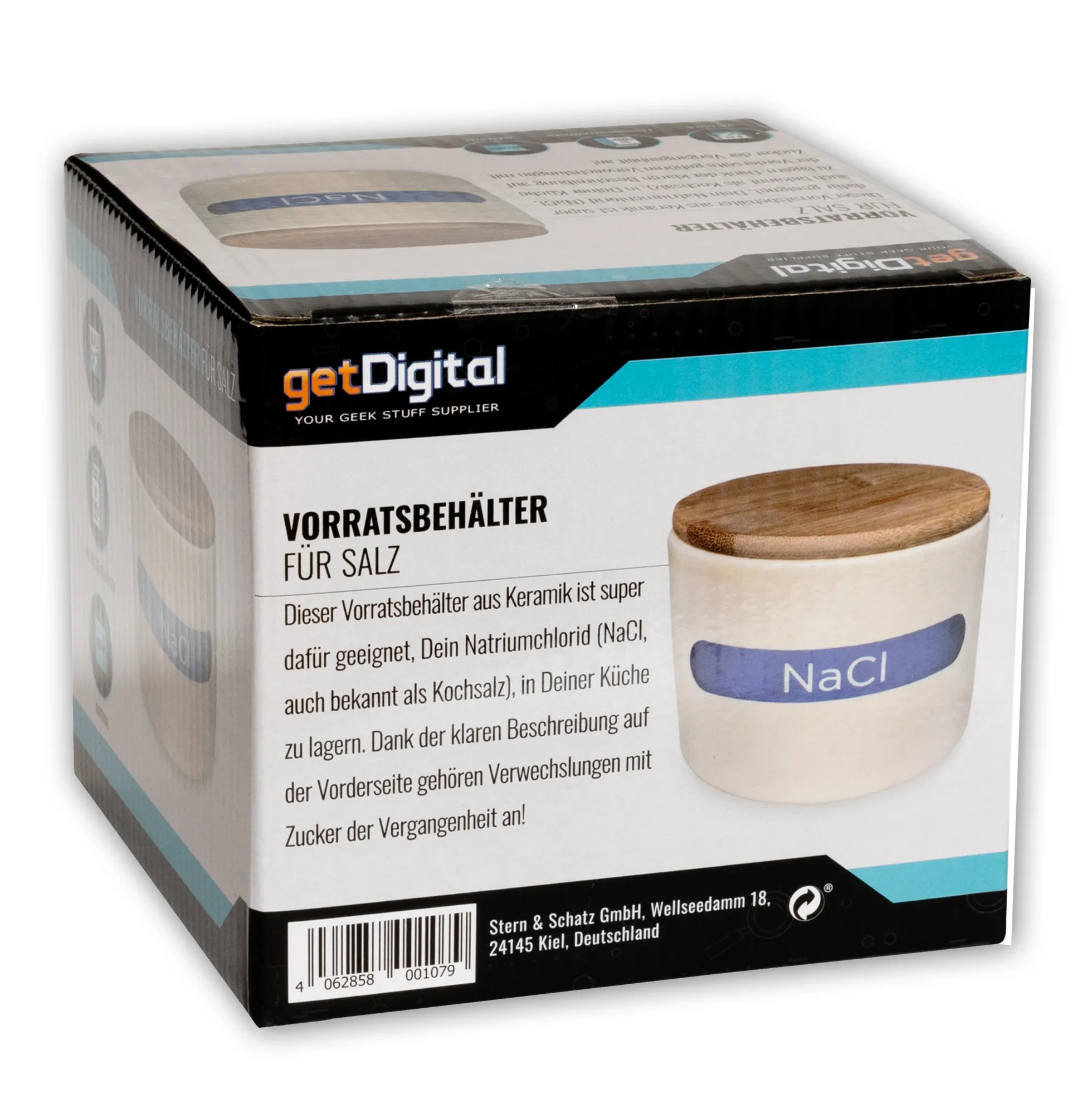 Keramik-Vorratsdose Salz mit der Formel NaCl